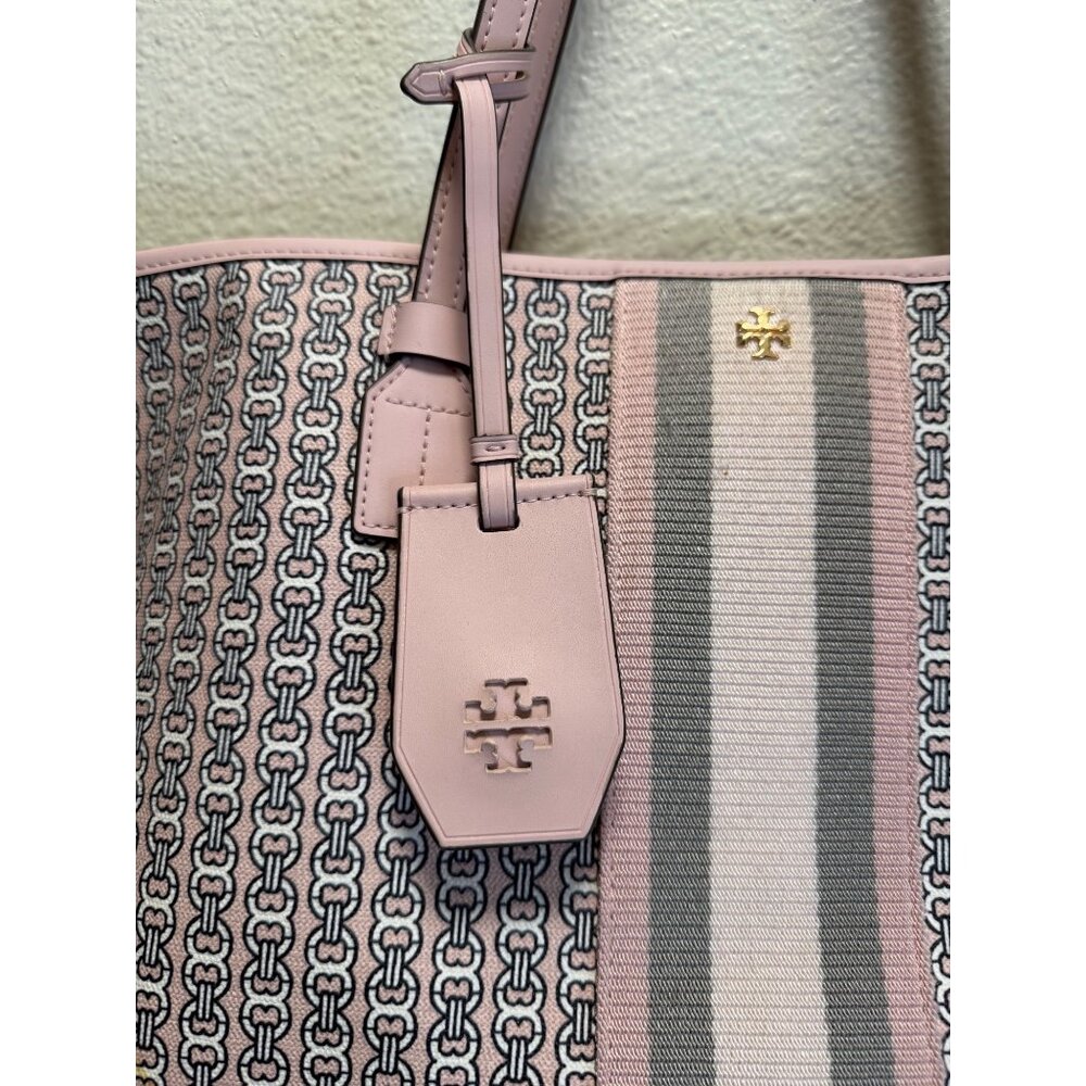 Tory Burch Pink Leather Tote Bag With Canvas Interior And Snap Closure - Picture 3 of 9